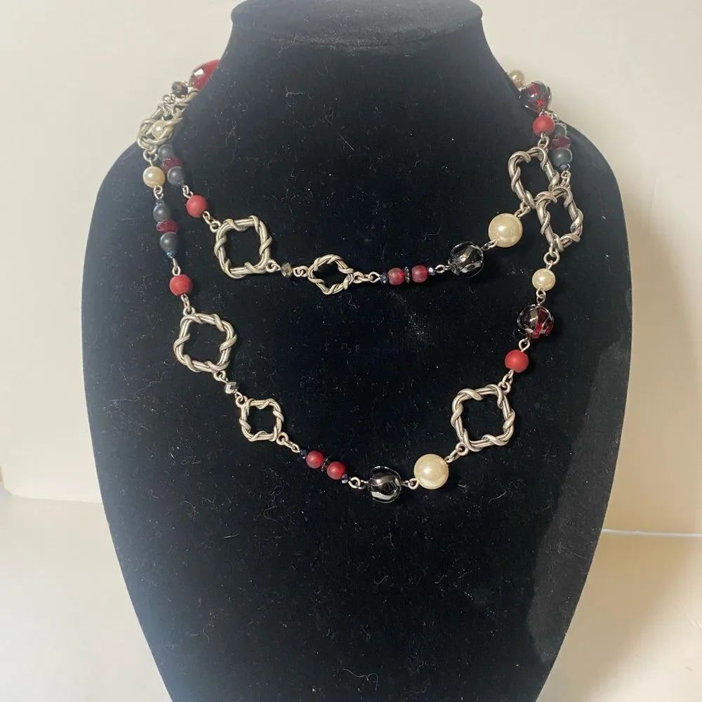 Premier Design Bordeaux Antique Matte Silver W/Faux Pearls/Beads Long Necklace